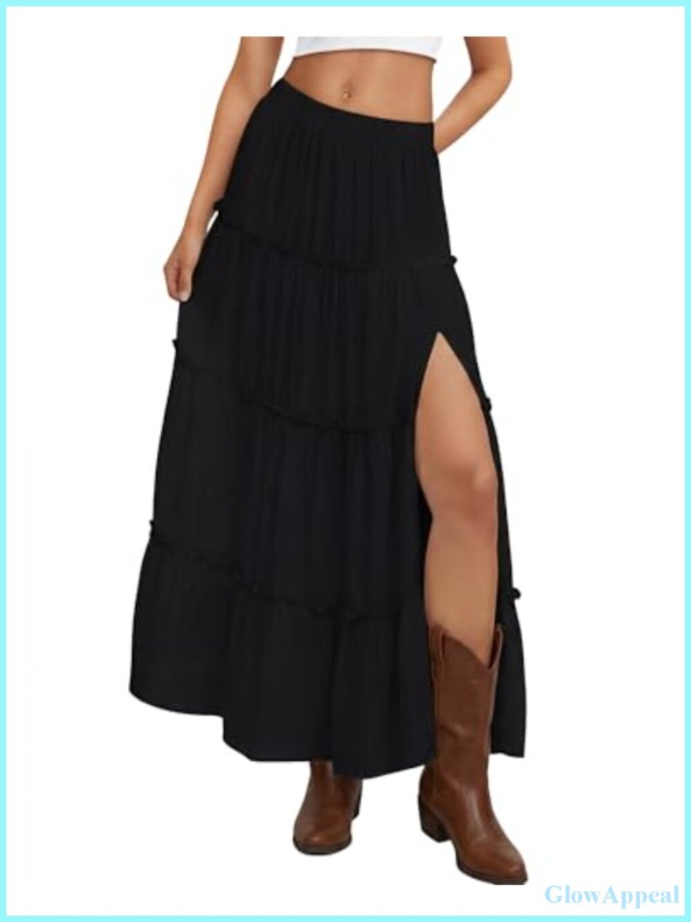 Flowy Tiered Maxi Skirt Ruffle High Slit Pockets Elastic Waist